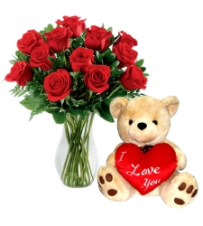 send 12 red roses vase with bear to  cebu