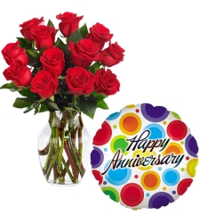 12 pcs Roses Vase with Anniversary Balloon