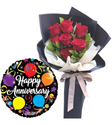 7 Pcs. Red Roses Bouquet with Anniversary Balloon