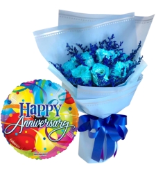 12 Blue Roses Bouquet with Anniversary Balloon