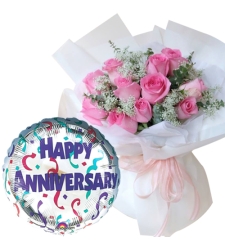 12 Pcs. Pink Roses with Anniversary Balloon