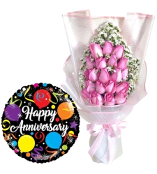 24 Pcs Pink Roses Bouquet with Anniversary Balloon