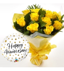 12 pcs Yellow Roses & Anniversary Balloon