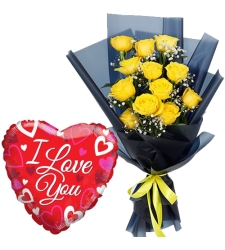 12 pcs Yellow Roses with Love You Balloon