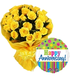 24 Yellow Roses Bouquet with Mylar Balloon