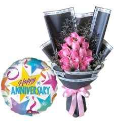 18 Pcs. Pink Roses Bouquet with Anniversary Balloon