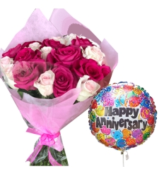 20 Mixed Roses Bouquet with Anniversary Balloon