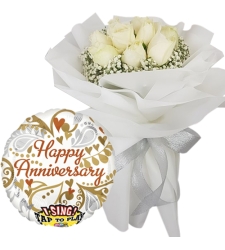 9 Pcs. White Roses Bouquet with Mylar Balloon