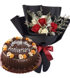 6 Mixed Roses Bouquet with Anniversary Cake