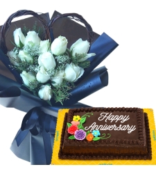 12 White Roses with Anniversary Chocolate Cake