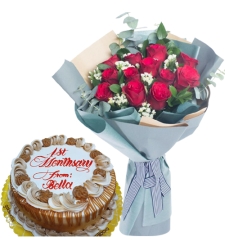 12 Red Roses with Anniversary Cake