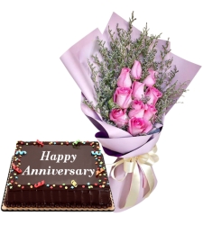 11 Pink Roses Bouquet with Anniversary Cake