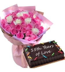 50 Mixed Roses Bouquet with Chocolate Anniversary Cake