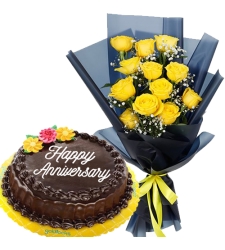 12 Pcs. Yellow Roses with Chocolate Anniversary Cake