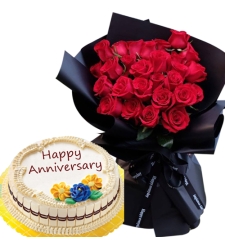 24 Red Roses In Bouquet with Anniversary Cake