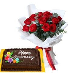 12 Red Roses Bouquet with Anniversary Cake