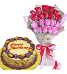 20 Red & Pink Rose Bouquet with Anniversary Cake