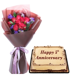 12 Red Roses Bouquet with Anniversary Cake