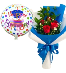 5 Red Roses Bouquet with Birthday Mylar Balloon