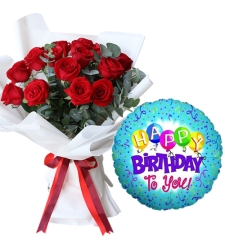 12 Red Roses Bouquet with Birthday Mylar Balloon