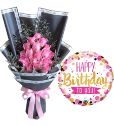 15 pcs Pink Roses Bouquet with Birthday Balloon