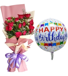 12 pcs Red Roses Bouquet with Birthday Mylar Balloon