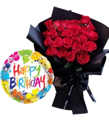 24 Pieces Roses Bouquet with Birthday Mylar Balloon