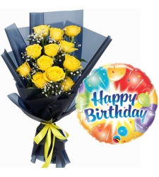 12 Yellow Roses Bouquet with Birthday Mylar Balloon