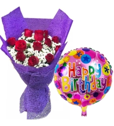 12 Red Roses In Bouquet with Birthday Mylar Balloon