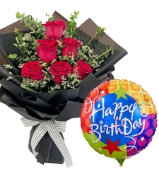 6 Red Roses Bouquet with Birthday Mylar Balloon