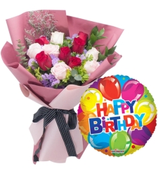 12 Pcs. Mixed Roses with Birthday Mylar Balloon