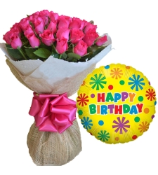 24 Pcs Pink Roses Bouquet with Birthday Balloon