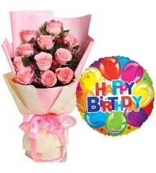 12 Pcs. Pink Roses with Birthday Mylar Balloon