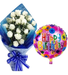 18 pcs White Roses with Birthday Mylar Balloon