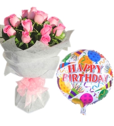 12 Pink Roses Bouquet With Birthday Mylar Balloon