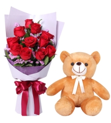 12 Red Color Roses with Small Teddy Bear