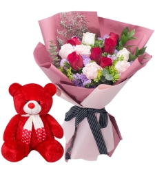 12 Multi Color Roses with 8" Inch Teddy Bear