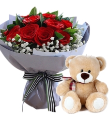 Dozen of Red Roses Bouquet with Brown Bear