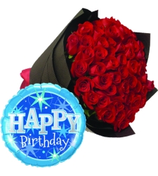 48 Red Roses With Birthday Mylar Balloon