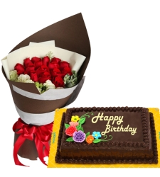 12 Red Roses Bouquet with Chocolate Birthday Cake