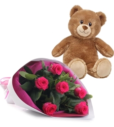 6 Pink Roses in Bouquet with Small Bear