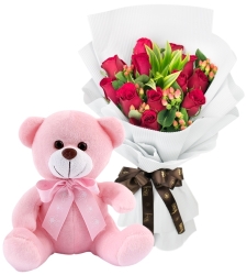 12 Red Roses with Pink Small Bear