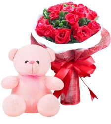 12 Red Roses in Bouquet with Pink Bear