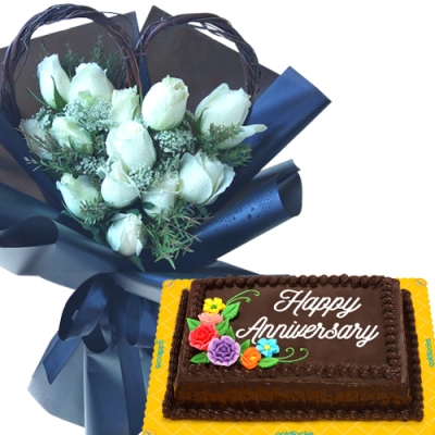 12 White Roses with Anniversary Chocolate Cake