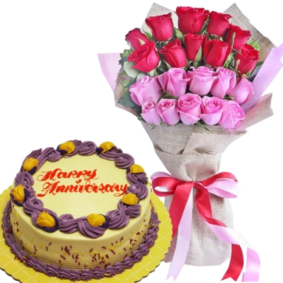 20 Red & Pink Rose Bouquet with Anniversary Cake