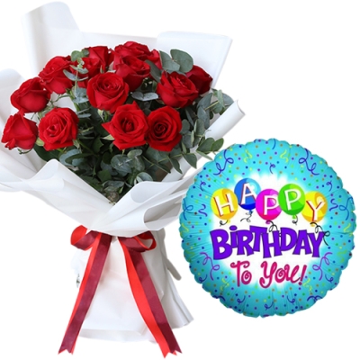 12 Red Roses Bouquet with Birthday Mylar Balloon