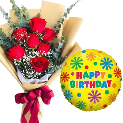 7 pcs Red Roses Bouquet with Birthday Mylar Balloon