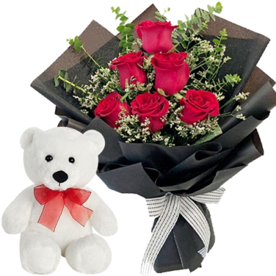 6 Red Roses in Bouquet with White Bear