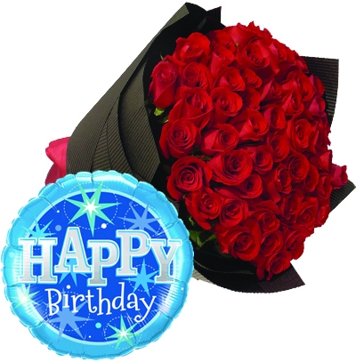 48 Red Roses With Birthday Mylar Balloon