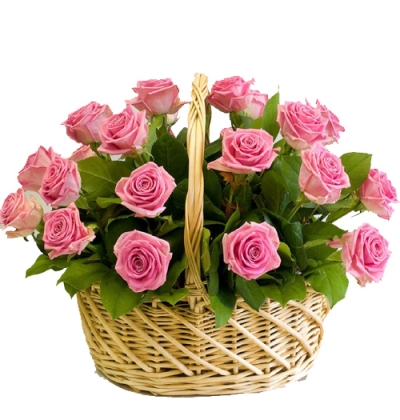 24 Pink Roses in a Basket